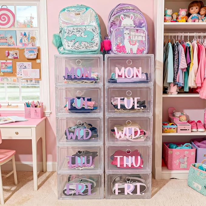 10 Shelf Weekly Clothes Organizer for School Outfits Monday to Friday Daily Daily Clothing Divider with Color Labels 13.39 x 10.24 x 7.28 Inches Plastic Storage Organizer for Home, Bedroom