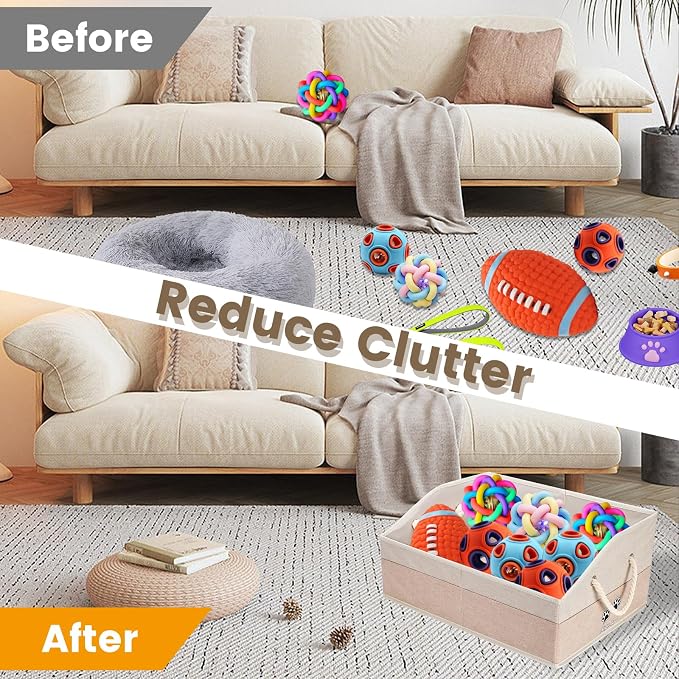 Large Dog Toy Basket with Handle, Foldable Dog Toy Box for Living Room Area , 20" Basket for Dog's Supplies, Organizer and Storage with Hard Board, Anti-Slip for Pet Toys (Beige, Medium 20"×15")