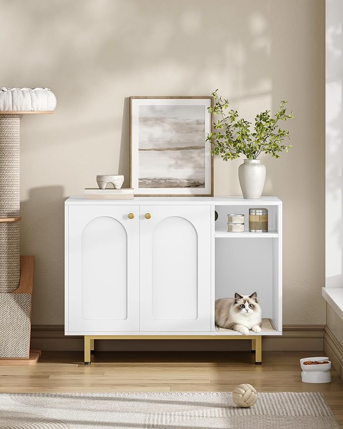 Hzuaneri Cat Litter Box Enclosure, Hidden Litter Box Furniture with Storage | Large Wooden Cabinet with Sisal Mat, Modern Cat Washroom for Living Room, Bedroom, Entryway, White and Gold 01503GCLB