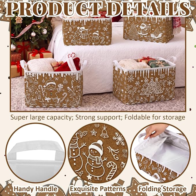 4 Pack Christmas Storage Bin Collapsible Large Christmas Gingerbread Storage Baskets for Gifts Canvas Laundry Basket Foldable Box with Handle for Winter Party Office Home Bedroom Clothes Decor
