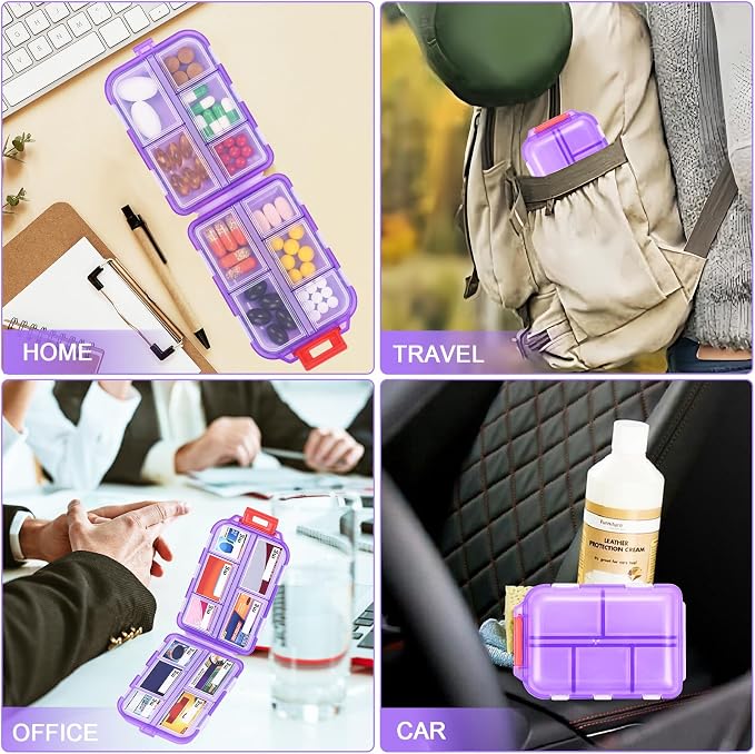 Large Medicine Pill Organizer with 189 Labels, 10 Compartments Purse Pill Case Travel Medicine Organizer Essentials Travel Daily Pill Container (Purple, 1 Pack)