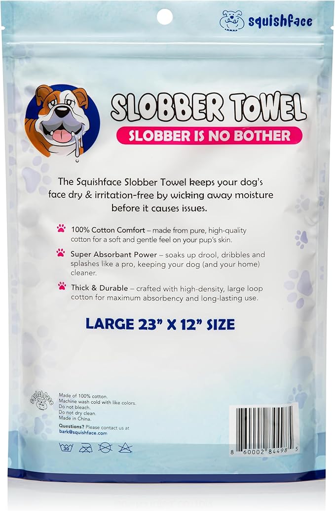 Squishface Slobber Towel, Thick & Durable Dog Towel - 100% Cotton, Soft & Gentle Drool Tamer, Large 23" x 12" Soft & Durable Cloth - Because Your Furry Friend's Slobber Deserves The Best! 3 Pack