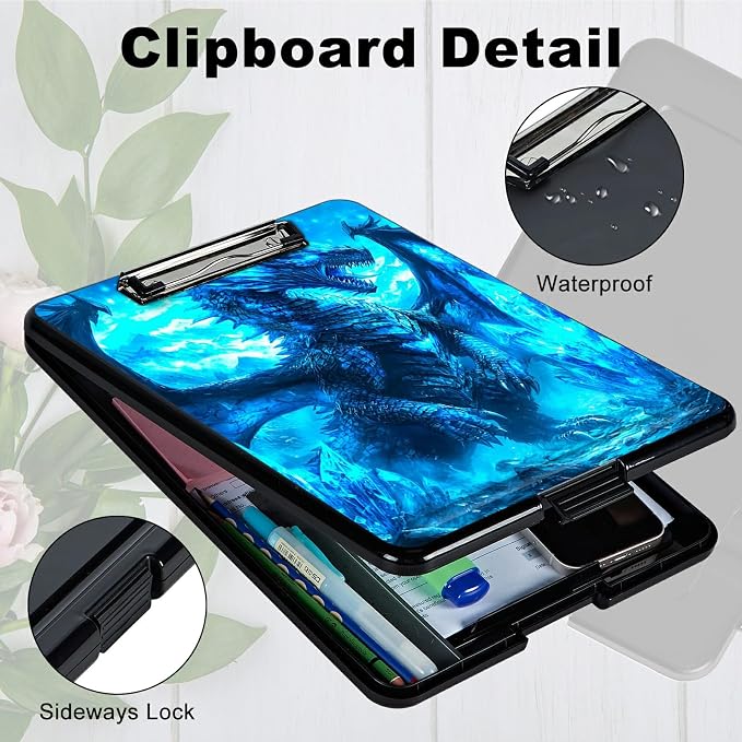 Blue Snow Dragon A4 Clipboard with Storage Pen Holder, Clipboards Organizer Nursing Clipboard Foldable File Folder Plastic Clipboard Folio Clip Board for Office Students Classroom Doctor