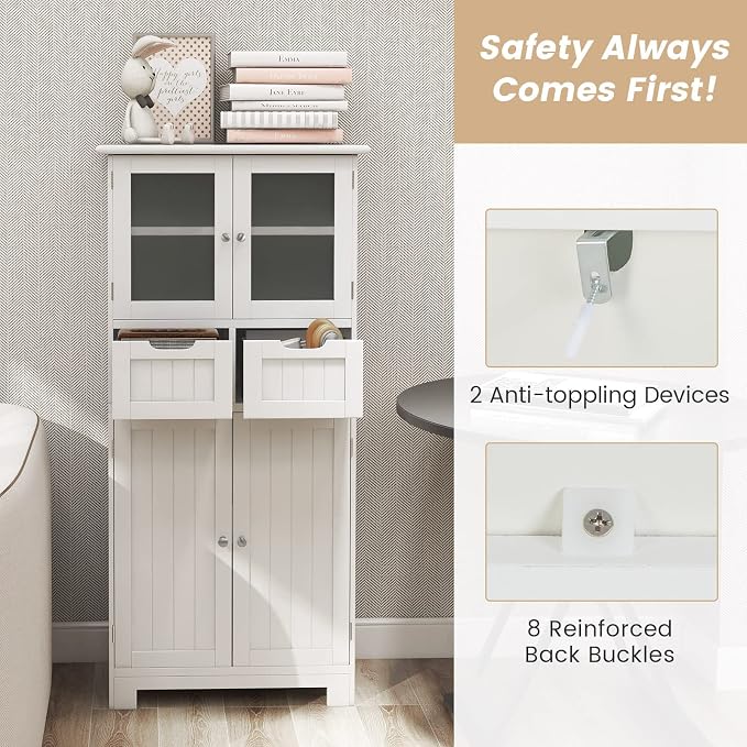 LOKO Bathroom Cabinet, Linen Storage Organizer with Doors & Drawers, Wooden Floor Cabinet with Adjustable Shelves for Bathroom, Living Room or Kitchen (White)
