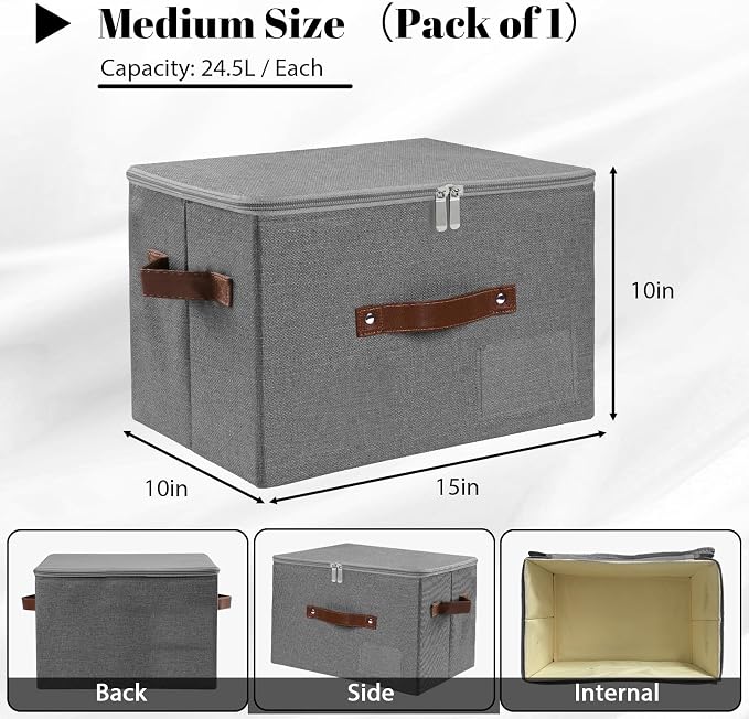 ANMINY Storage Box Fabric Bins with Zipper Lid, 15"x10"x10" Gray | Keepsake Box, Decorative, Cotton Linen, Reinforced PP Board Frame, Washable, Stackable & Foldable, Label Holder & PU Handles
