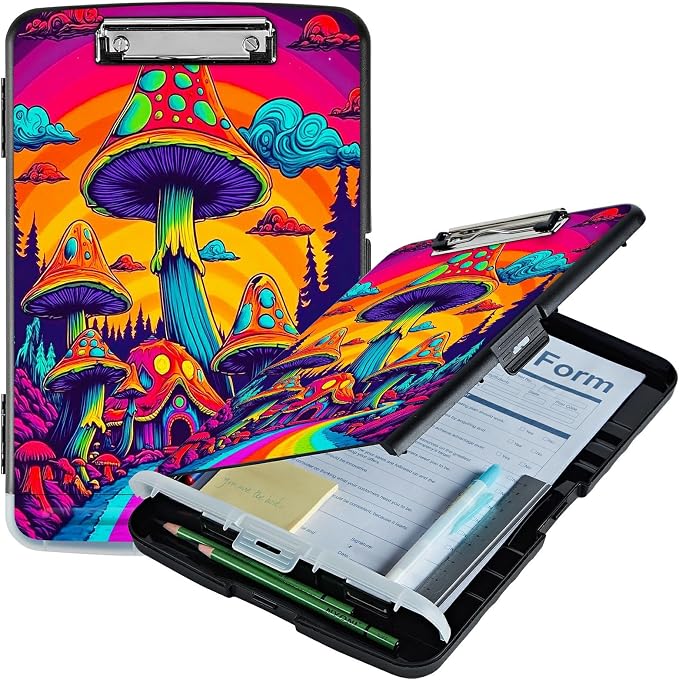 Rainbow Road Mushroom A4 Clipboard with Storage Pen Holder, Clipboards Organizer Nursing Clipboard Foldable File Folder Plastic Clipboard Folio Clip Board for Office Students Classroom