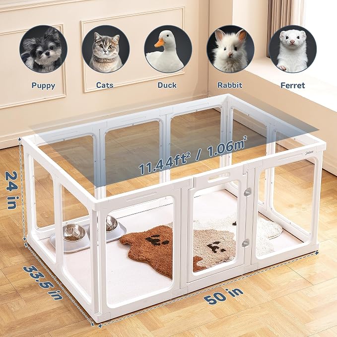 Jalove Acrylic Dog Playpen Indoor, 24" Easy Assemble Clear Pet Play Pen | Plastic Pet Playpen with Door for Puppy Rabbit, Easy Assemble,Easy to Clean,Relieves Pet Anxiety Small Cage, White 10 PCS