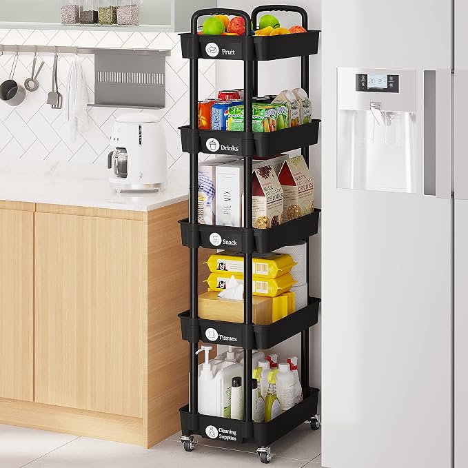 Laiensia Multifunction Utility Rolling Cart, 5-Tier Plastic & Metal Storage Organizer, Black, Lockable Wheels, Modern Style, Indoor Use