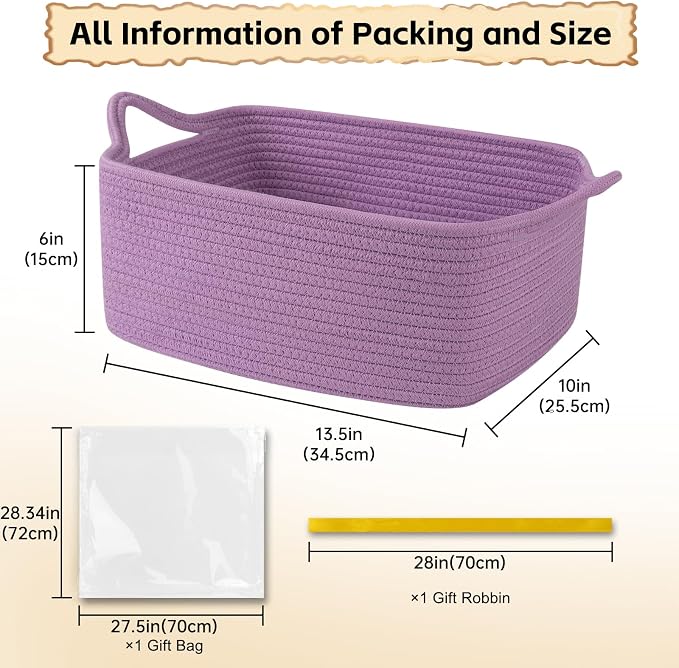 OIAHOMY Woven Basket, Gift Basket Empty with Gift Bags and Ribbons, Rope Baskets for Baby Showers, Storage Baskets with Handles for Nursery, Pet Toy Organizer - Lilac Purple