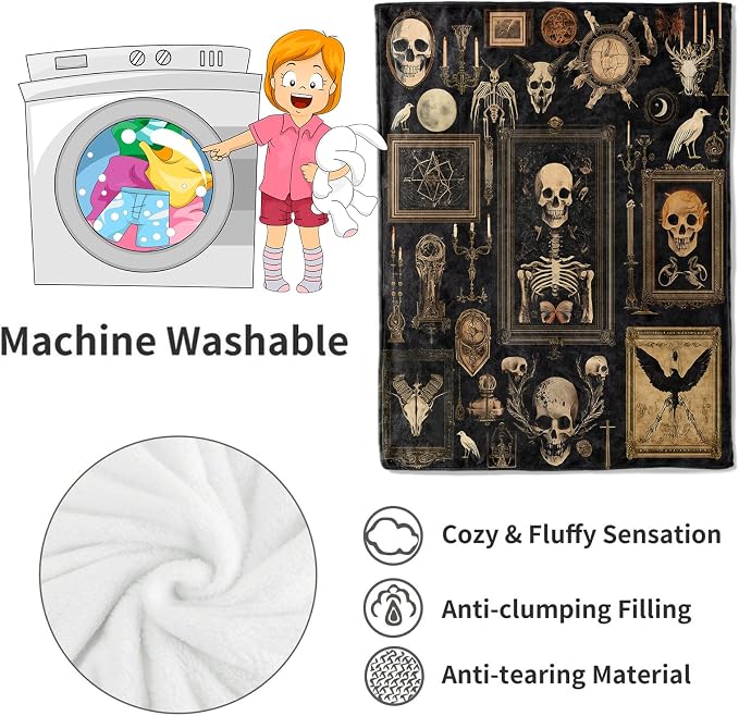Gothic Skull Witchy Blanket Goth Skeleton Vintage Picture Frame Throw Blankets,Gifts for Kids Adult Women Men,Lightweight Soft Fleece,Horror Lovers,Sofa Couch Bed Room Halloween Decor 60x80in