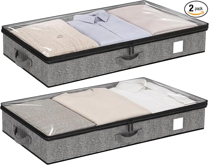 Fixwal Underbed Storage Containers 2 Pack Reinforced Under bed Organizer | Reinforced Sidewalls and Bottom, Low-Profile Design Below 4.5in, for Clothes and Linens, Under-Bed Storage