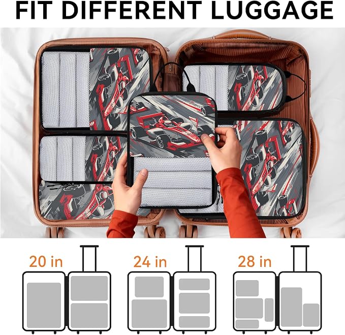 Racing Car Compression Packing Cubes Race Car 6 Set Travel Packing Cubes for Suitcases Lightweight Expandable Organizers