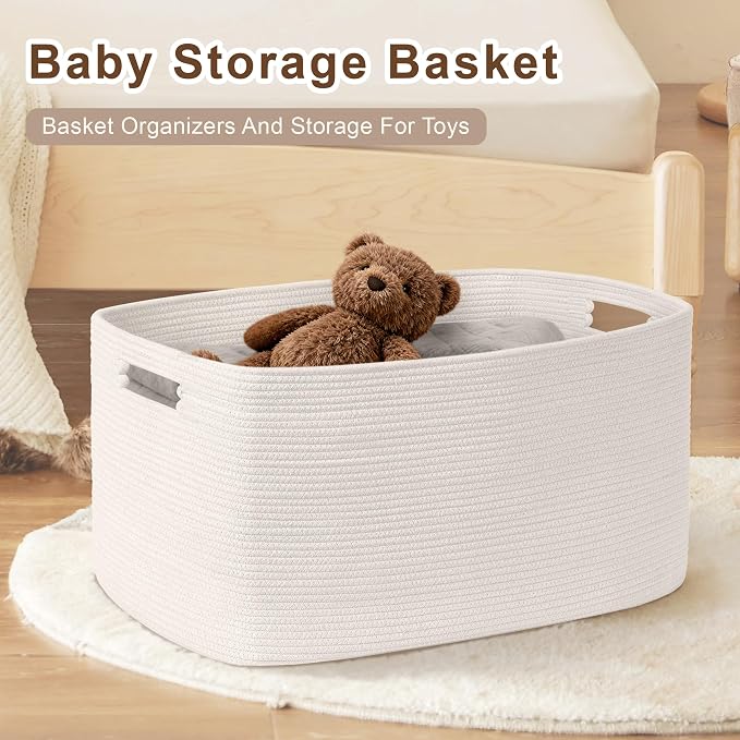 72L Large Woven Laundry Basket Hamper with Handles, White | collapsible wicker hamper, storage for dirty clothes, toys, blankets, gifts, living room, bedroom, bathroom, 22"x17"x12"