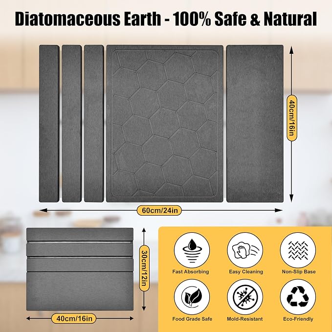 3-in-1 Collapsible Stone Dish Drying Mat, Gray, 24"x16"
