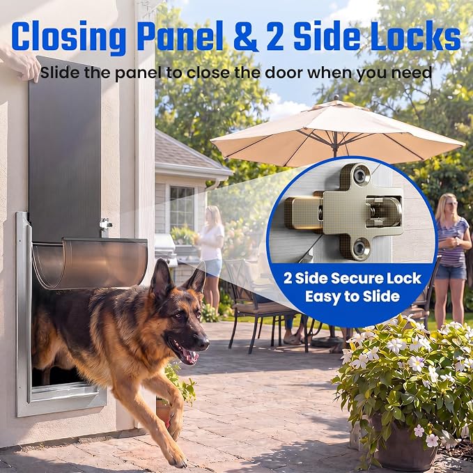 Dog Door for Wall, Large Doggie Door, Heavy Duty Aluminum Pet Door | 2 Magnetic Flaps, Energy Efficient, Wide Telescoping Tunnel, Closing Panel & 2 Aluminum Locks, Pets Up to 110 LB