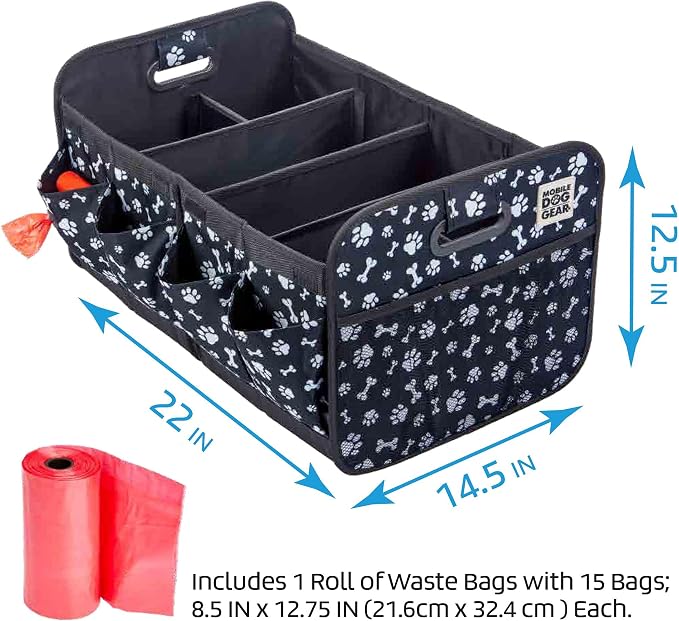 Mobile Dog Gear, Dogssentials Collapsible Storage Organizer for Travel with Built-in Waste Bag Dispenser, Includes 1 Roll of Waste Bags, Black/White Paw Bone Print, Meets Airline Regulations