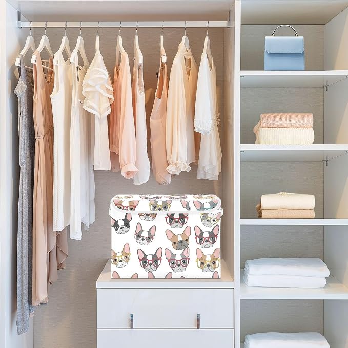 Dog Glasses Pattern Storage Bins with Lids Closet Bedroom 40L Fabric Bin | Decorative Storage Boxes, Foldable & Stackable, Dust-Proof Flip Top, Reinforced Handles, For Home & Dorm, Clothes & Toy Box