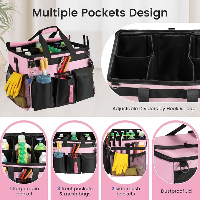 Housolution Extra Large Rolling Cleaning Caddy Bag with Wheels, Pink | Upgrade 360° Free Rotating, Detachable Trolley & Dust-Proof Lid, High load Bearing & Waterproof