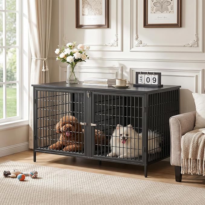 MAHANCRIS Dog Crate Furniture for 2 Dogs, 43.3" Dog Kennel with Removable Divider, Heavy Sturdy Dog Furniture Style Double Cage for Small Medium Dog, Indoor Pet House End Table, Black DCBK1201