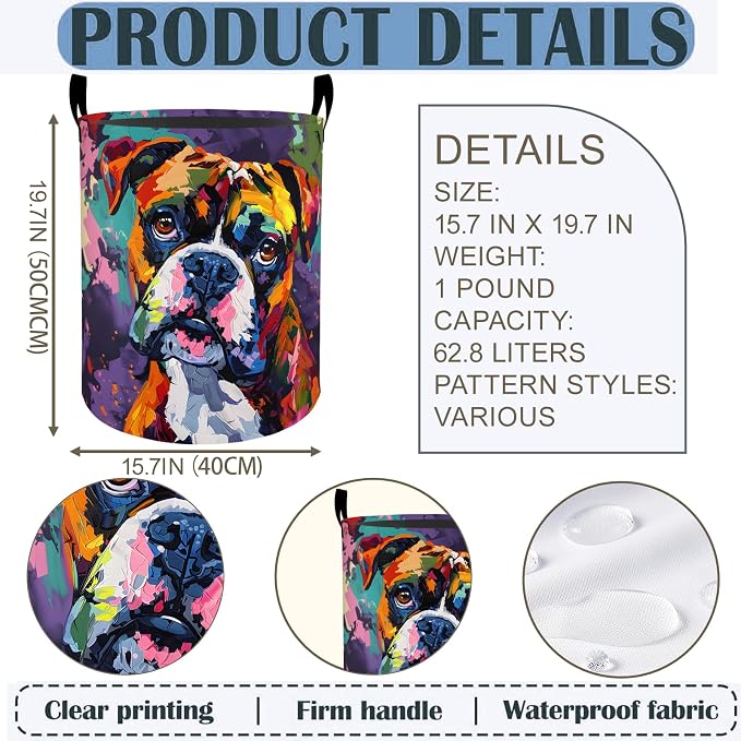 Boxer Dog Laundry Basket Hamper 19.7"x15.8", Colorful Pet Foldable Waterproof Oxford Clothes Storage Bucket for Room Bathroom Bedroom Nursery Decor, Toy Organizer Bins Gifts for Kids Boys Girls