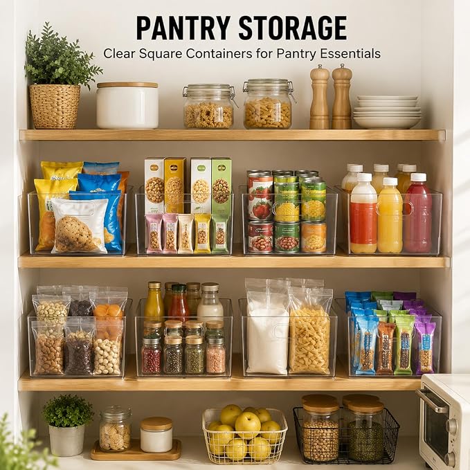 MOONEDGE 4-Pack 12x12x7 Extra Large Clear Plastic Storage Bins with Handles | Cube Acrylic Organizer Square Containers for Pantry,Closet,Kitchen,Bathroom,Laundry,Under-sink,All-In-One Organization
