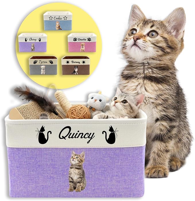 Personalized Dog Toy Storage Basket with Photo Name | Custom Dog Food Organizer Fabric Bins for Clothes Blankets Dolls-Purple