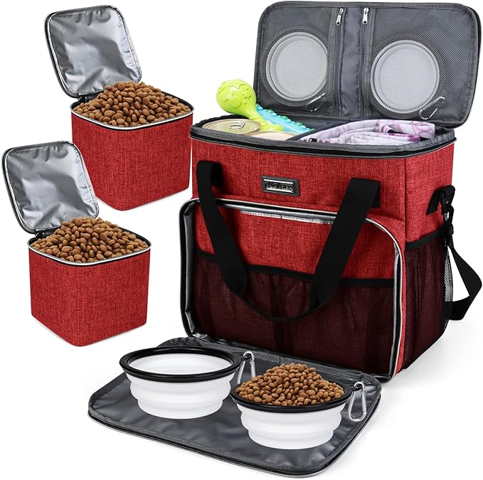 BAGLHER Dog Travel Bag, Pet Travel Bag (ALL Pet Travel Supplies), With 2 Pet Food Containers and 2 Collapsible Silicone Bowls; Essential Kits for Travel Red