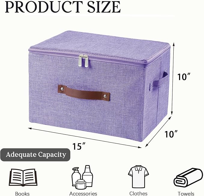 Storage Bins with Zipper Lid Decorative Lidded Storage Boxes | Collapsible Cotton Linen Fabric Storage Baskets, PU Leather Handle, Stackable Shelf Closet Organizer Container(Purple, Large)