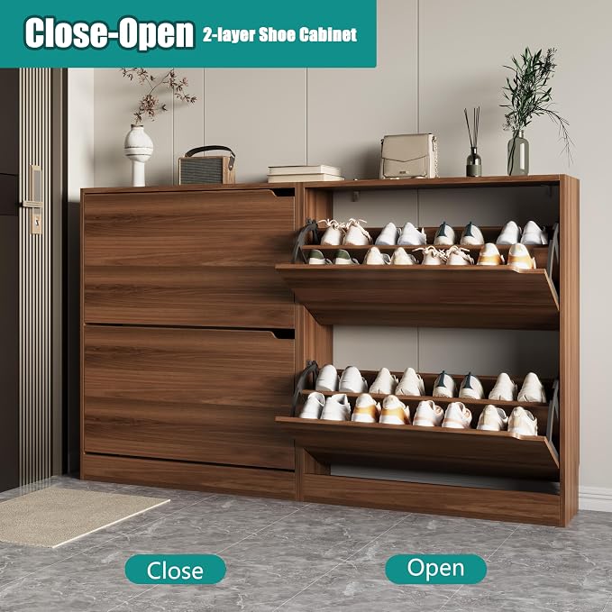 Xixini Shoe Storage Cabinet for Entryway with 2 Flip Drawers, Wood Freestanding Hidden Shoe Storage, Narrow Slim Sturdy Shoe Organizer for Front Door Entrance, Living Room, Hallway, Bedroom, Walnut