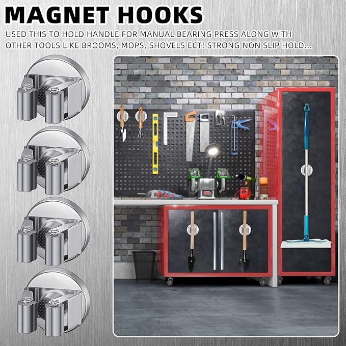 Vercraft 4 Pcs Magnetic Broom Holder Wall Mounted Anti Slip Rack,Silver | Movable Magnetic Organizer for Mops Brooms, Dual Roller Grip, Wall Storage for Garage Kitchen Laundry Garden Tools