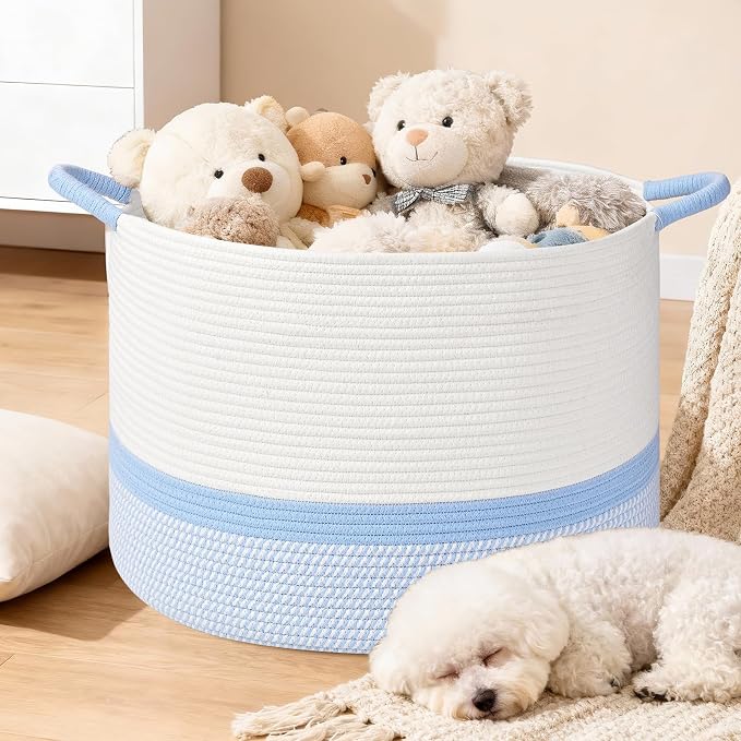 67L Large Blanket Basket, 20"x13" Blanket Basket Living Room, Woven Baskets With Handle, Toy Baskets for Blankets, Nursery, Dog, Pillow, Gift (White & Blue)