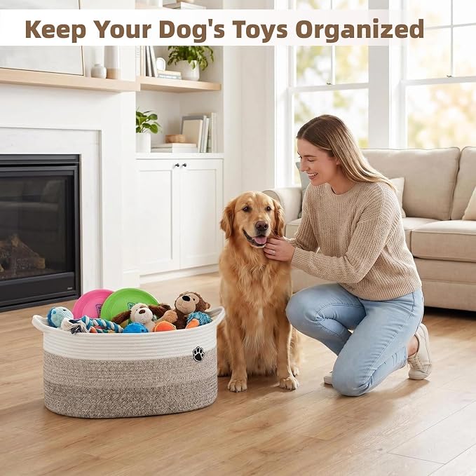 Optish 40L Extra Large Dog Toy Basket, 20" x 14" x 9" XL Toy Storage Box and Bin with Handles, Woven Cotton Rope Foldable Basket for Blankets, Living Room, Bedroom, Home Decor, White & Brown