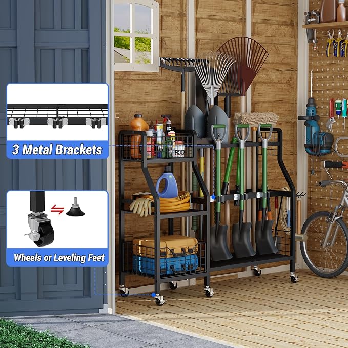 keomaisyto Heavy-Duty Garden Tool Organizer with 6 Wheels and 2 Baskets | 3 Lockable Casters, Large Metal Yard Tool organizer, Garage Tool Organization and Storage for Shed/Yard/Broom Closet/Lawn