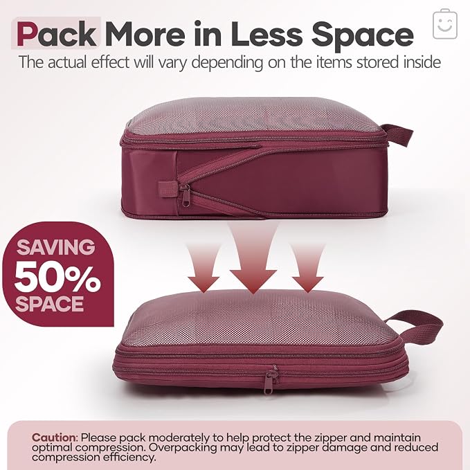 Veken 9/11 Set Compression Packing Cubes Garment Bags for Travel Essentials,Compressible Expandable Luggage Organizer Bags for Clothing,Space Saver Bags with Over 1000 pcs of Mesh Holes(Wine Red)