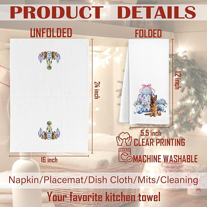 German Shepherd Gifts Kitchen Towels, Blue and White Porcelain Chinoiserie German Shepherd Dish Tea Towels, Grandmillennial Hydrangea Dog Decorative Hand Towel for Bathroom, 16x24 Inch Set of 2