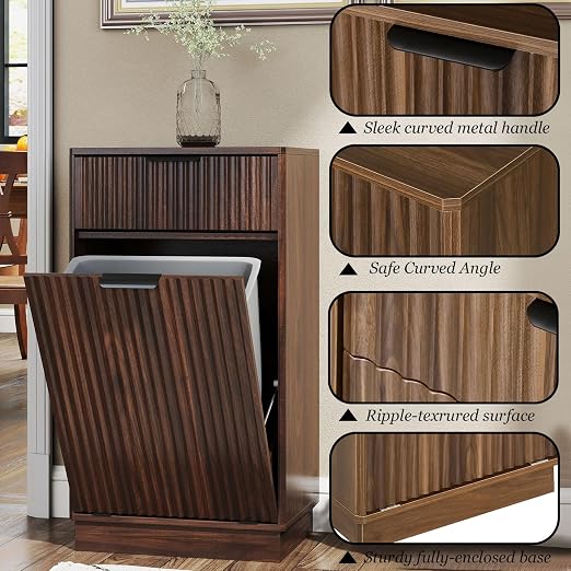 10 Gallon Tilt Out Trash Can Cabinet,Fluted Tilt Out Laundry Hamper Cabinet with Drawer,Wooden Trash can for Kitchen and Living Rooms