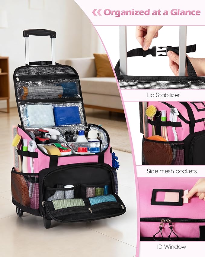 Marscamd Large Rolling Cleaning Caddy Bag with Detachable Trolley, Pink | with Detachable Shoulder Strap, Cleaning Bags for Housekeepers on Wheels