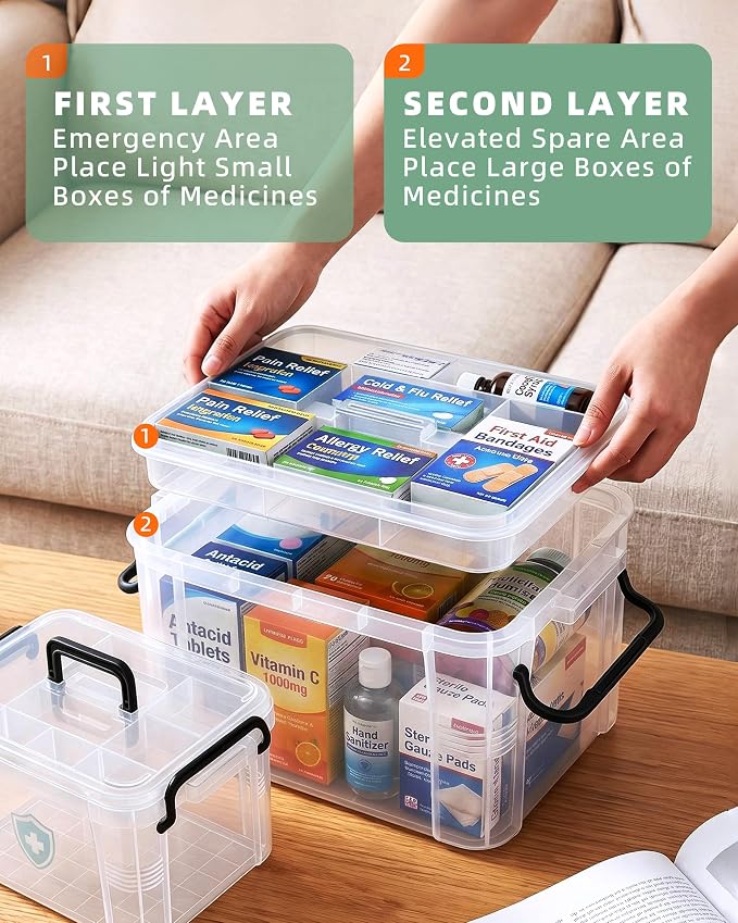 2 Pack Clear Medicine Storage Box with Removable Tray, Empty First Aid Box