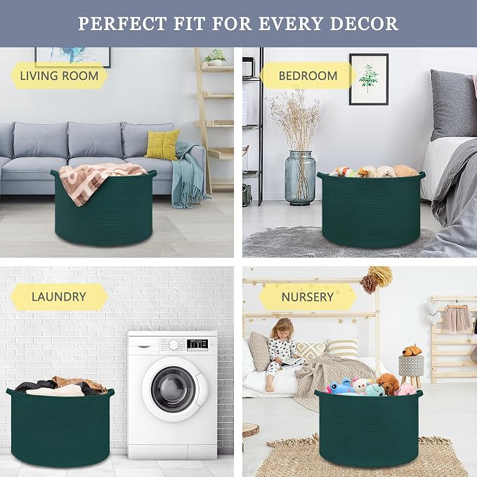 Large Cotton Rope Blanket Basket, 87L Laundry Hamper, Dark Green