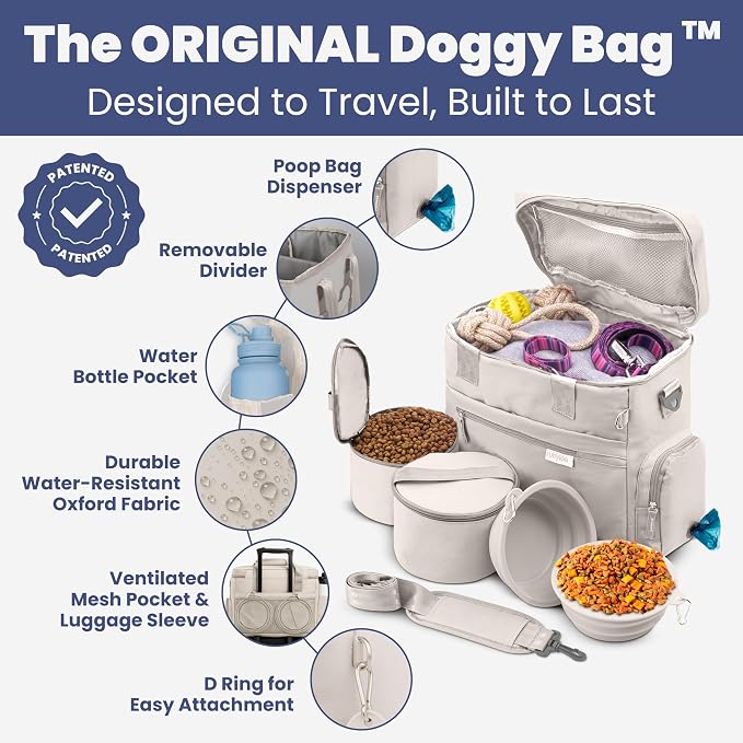 Original Doggy Bag™ Dog Travel Bag for Supplies with Travel Bowls | 2 BPA-Free Collapsible Bowls, 2 Pet Food Containers, TSA-Ready, Road Trips, Camping, Weekend Getaways, Doggy Gift, Beige