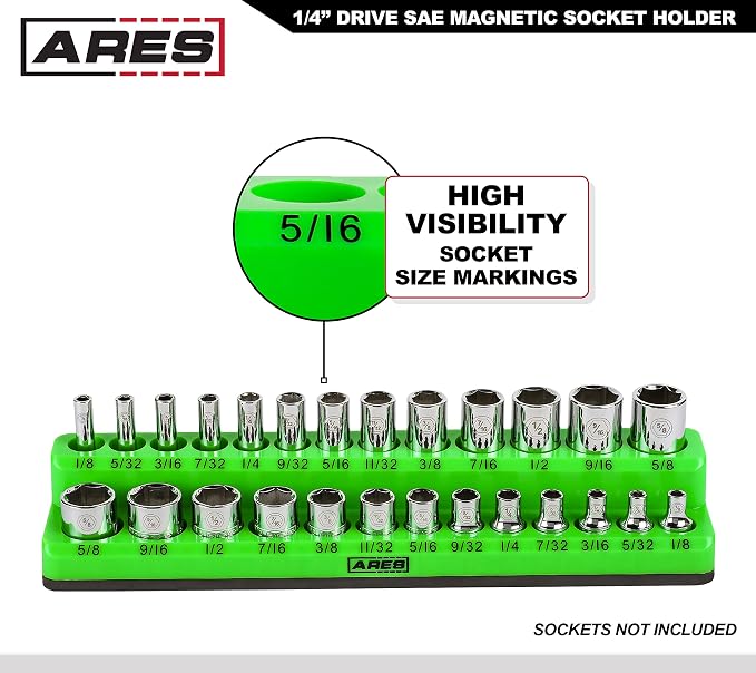 ARES 60005 26-Pc 1/4-In Red/Green SAE Magnetic Socket Organizer | Multi-Size Inch Drive Bit Set