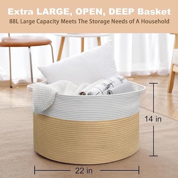 MEGASKET Extra Large Storage Basket, 22” x 22” x 14” Cotton Rope Bins for Storage, Wicker Baby Laundry Basket, Kids, Woven Kids Toy Bin Box, Decorative Baskets for Organizing Clothes, Towels, Blankets