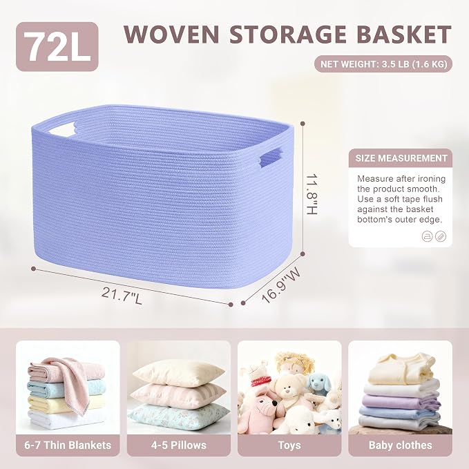 72L Large Woven Laundry Basket Hamper with Handles, Blue Purple | collapsible wicker hamper, storage for dirty clothes, toys, blankets, gifts, living room, bedroom, bathroom, 22"x17"x12"