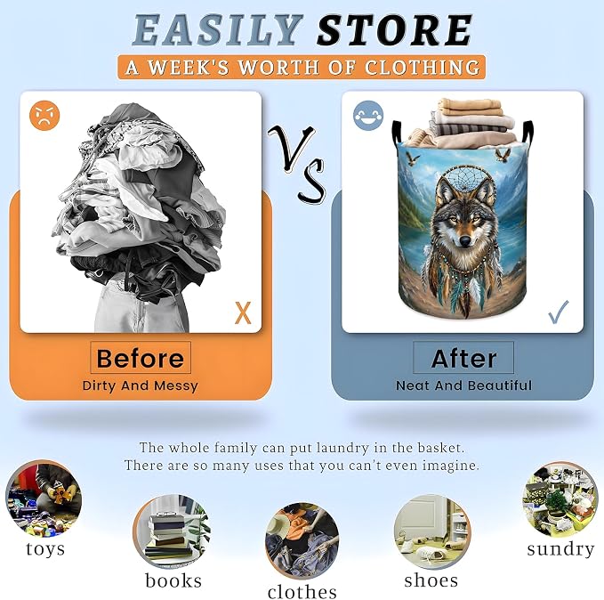 Wolf Mountain Laundry Basket, Forest Animal Dreamcatcher Storage Hamper, Round Collapsible Waterproof Cloth Bin, 19.7x15.7 Inch Nature Clothes Organizer Gifts for Bathroom Decor