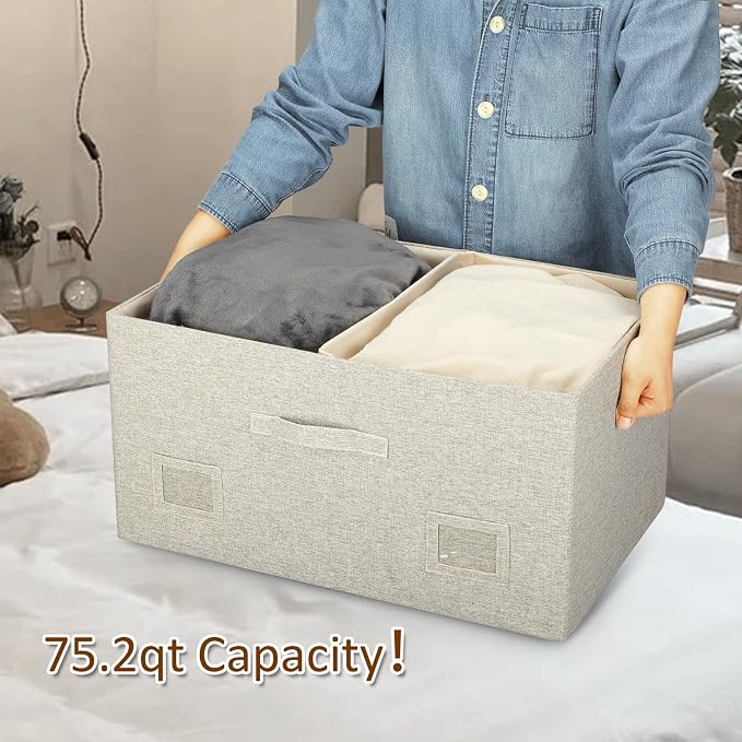 Storage Bins with Lids Fabric Closet Organizers Cubes Office Organization | 75 Quarts 3 Pack Beige Collapsible Stackable Linen Fabric 4 Handles Bedroom Closet Cabinet Under Bed Clothes Toy Office File