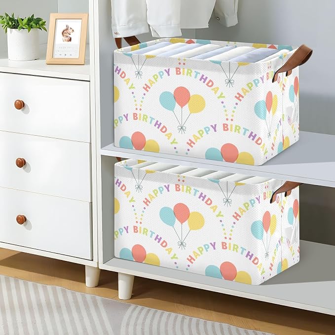Happy Birthday Quoted Balloon Storage Basket Foldable Cube Storage Bins with Handles&Label Collapsible Organizer Box Bin Large Rectangle Decorative Baskets for Shelves Home Living Room Closet
