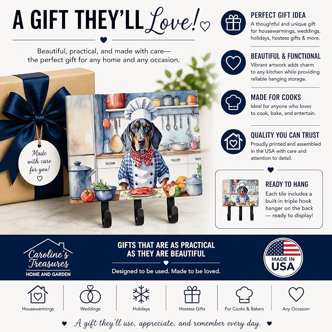 Caroline's Treasures Bluetick Coonhound The Chef Leash or Key Holder Wall Hooks, Key Hooks Holder, Coat Rack Wall Mount, Coat Hooks, Hooks for Hanging Keys, Towels, Aprons, Leashes | Bluetick Coonhound The Chef artwork on ceramic tile with three steel ...