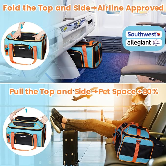 Top-Expandable Pet Carrier 19"x13"x9" Airline Approved, Blue | for Southwest Allegiant Airlines, Lockable Safety Zippers and Anti-Scratch Mesh, Pets Under 12 Lbs