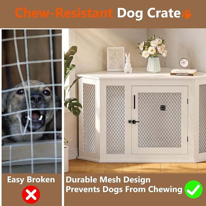 52" Corner Dog Crate Furniture, Wooden Dog Kennel Indoor | Corner Dog Kennel Furniture for Medium-Large Dogs, White Space-Saving Decorative Indoor Pet House with Mesh Door & Lock