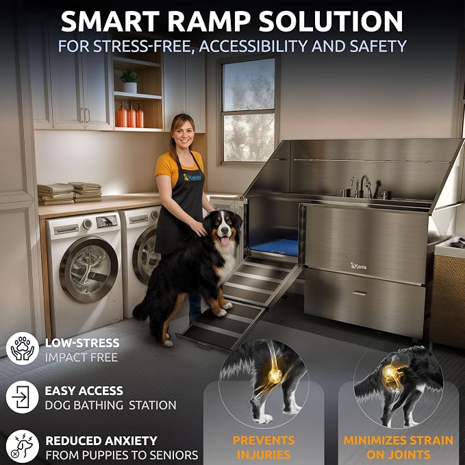 Professional Dog Washing Station 304 Stainless Steel Pet Wash Sink | Grooming Bathtub w/Shower, Floor Grates and Storage for Large, Medium & Small Pets (Silver, 61 Inches, Left Ramp, 1 Drawer)
